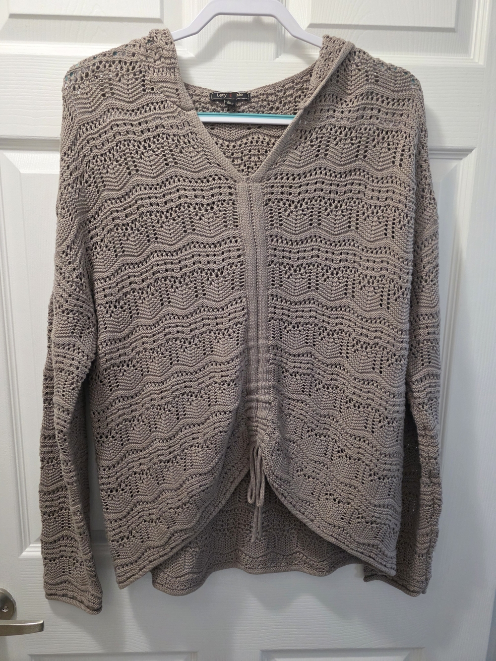 Lily Taupe Crochet V-Neck Hooded Sweater